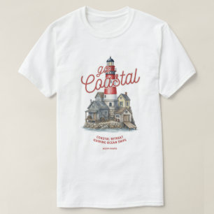 Camiseta Gráfico de Farol Antigo e Vila Costeira
