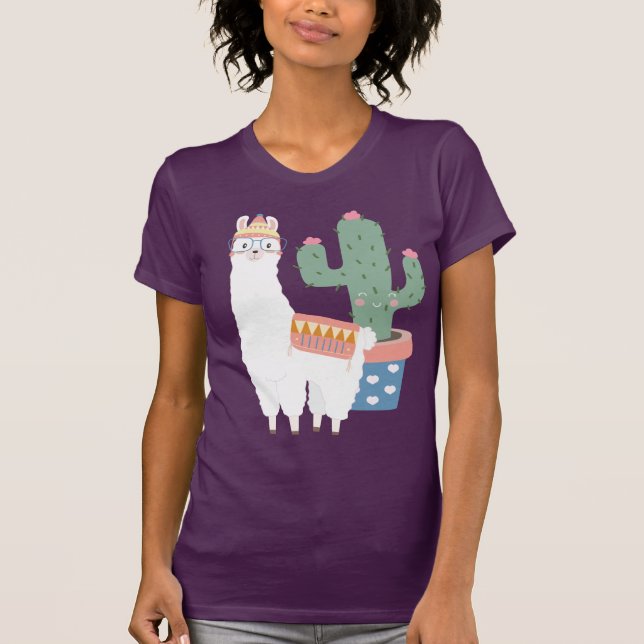 Camiseta Gráfico de Kawaii Llama e Cactus (Frente)