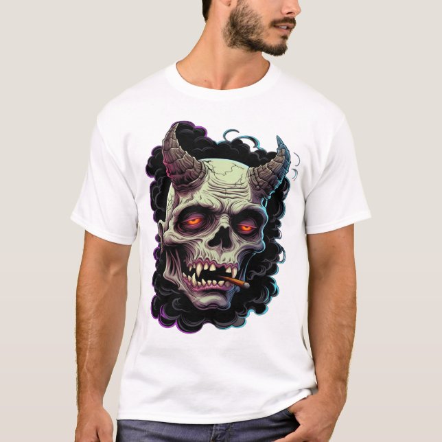Camiseta Gráfico de Monstro Oni Hornado e Arrebitado (Frente)