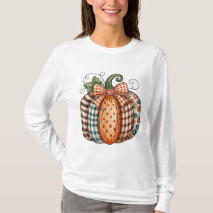 Camiseta Gráfico de outono com laço de xadrez e abóbora em