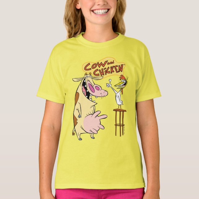 Camiseta Gráfico de Sorriso de Vaca e Galinha (Frente)
