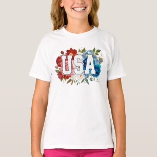 Camiseta Gráfico de Tipografia Floral dos EUA –