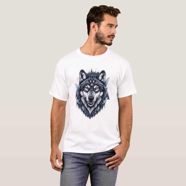 Camiseta Gráfico Detalhado da Ilustração do Lobo da Vida Se (Frente Completa)