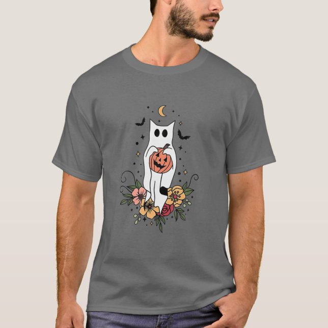 Camiseta Gráfico do Dia das Bruxas de Gatos Fantasmas Flora (Frente)