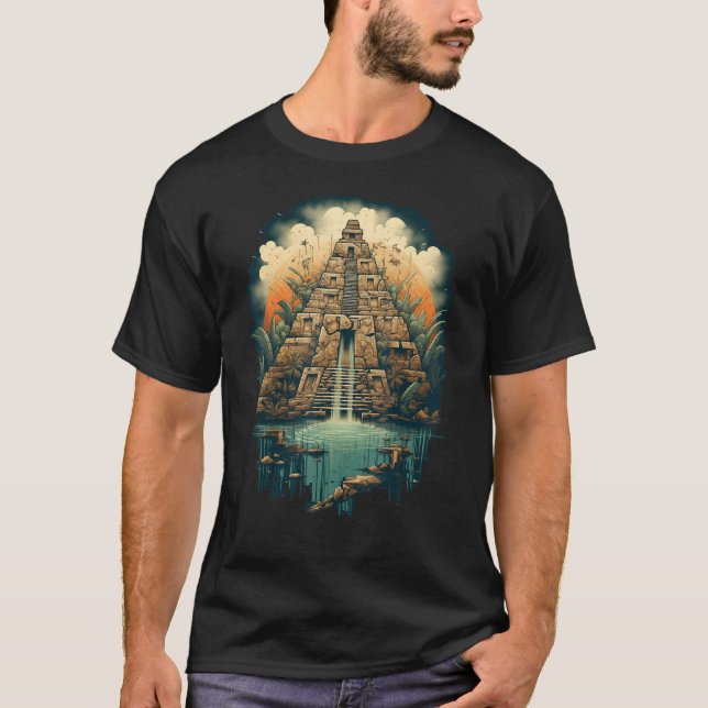 Camiseta Gráfico do Templo da Selva Mística Pirâmide Asteca (Frente)