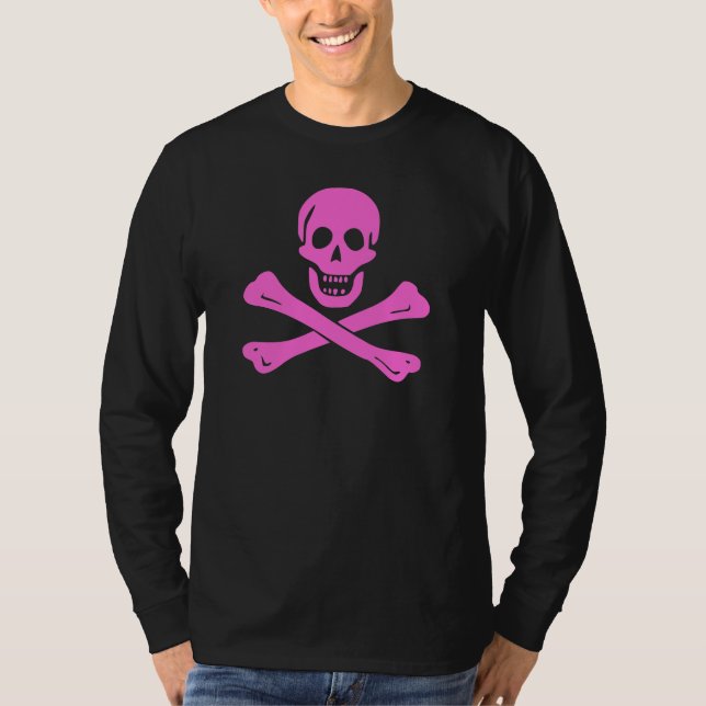 Camiseta Gráfico Moderno de Caveira e Ossos Cruzados Rosa (Frente)