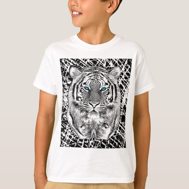 Camiseta Gráfico preto e branco do tigre dos olhos azuis (Frente)