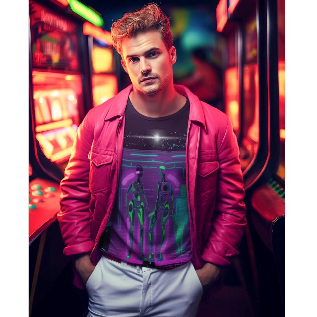 Camiseta Gráfico Robótico de Neon Synthwave (Criador carregado)