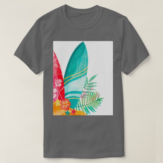 Camiseta Gráfico Tropical Surfboard (Frente do Design)