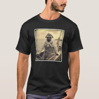 Camiseta Gráfico Vintage de Barco com Pug Pescador Fofo