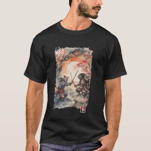 Camiseta Gráficos Vintage do Japão Samurai Gato vs Guerreir