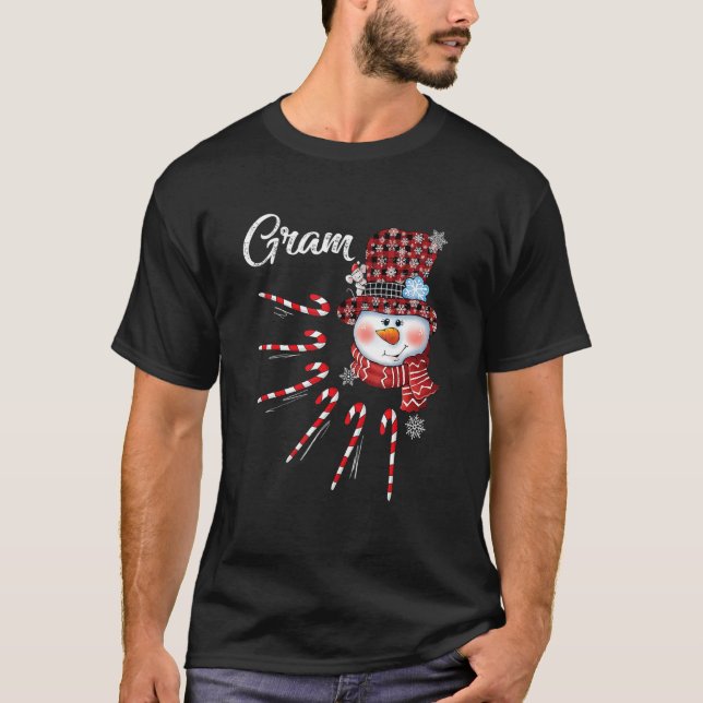 Camiseta Gram Snowman Candy Cane Xadrez Vermelha de Natal C (Frente)