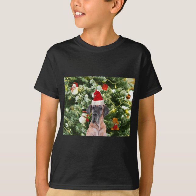 Camiseta Grande Dane com Árvore de Natal Boxes Santa Hat (Frente)