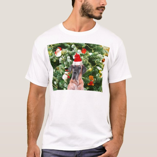 Camiseta Grande Dane com Árvore de Natal Boxes Santa Hat (Frente)
