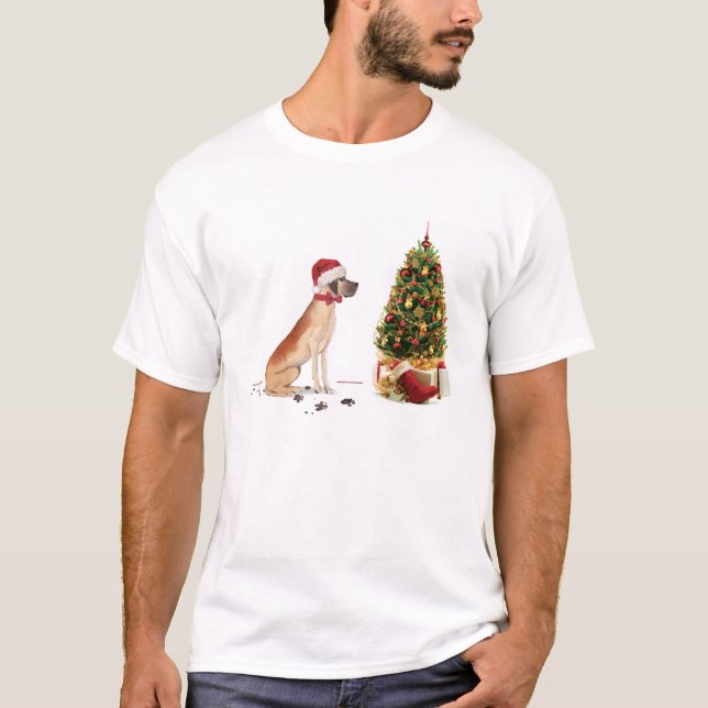 Camiseta Grande Dane Engraçado Cachorro de Natal com Árvore (Frente)