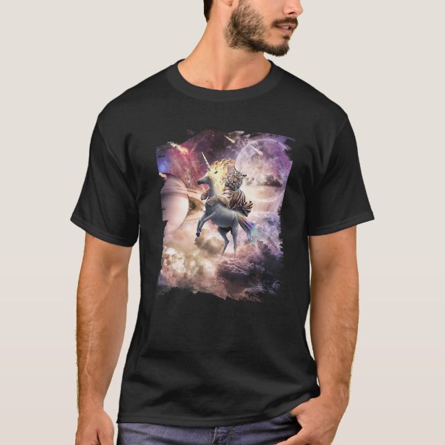 Camiseta Grande Gato Tigre Andando Mau Unicórnio No Espaço (Frente)