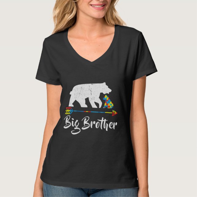 Camiseta Grande Irmão Urso Autismo Consciência Orgulhosa Au (Frente)