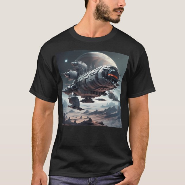 Camiseta Grande Nave Espacial Sobre Um Planeta Montanhento  (Frente)