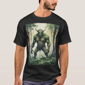 Camiseta grande ogro verde na floresta, personagem monstro