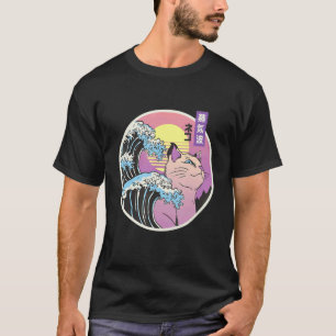 Camiseta Grande Onda Gato Arte Mashup Japonês Vaporwave Ret