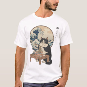 Camiseta Grande Onda Gato Japonês Comendo Ramen Arte Divert