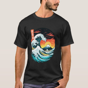 Camiseta Grande Onda Monte Fuji Pôr do Sol Arte Japonês Pai