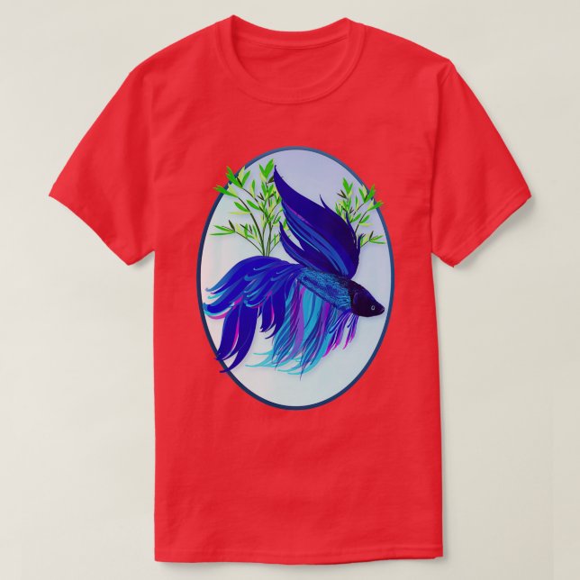 Camiseta Grande Oval de Peixes de Combate de Siamês Azul (Frente do Design)