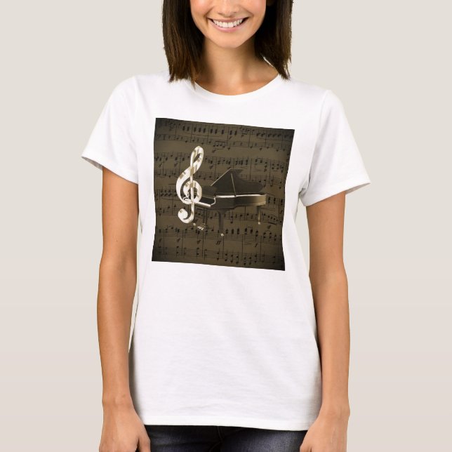 Camiseta Grande Piano Treble Clef Bronze Sheet Music (Frente)