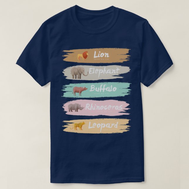 Camiseta Grandes Cinco Animais Safari Pincel de Pastel (Frente do Design)