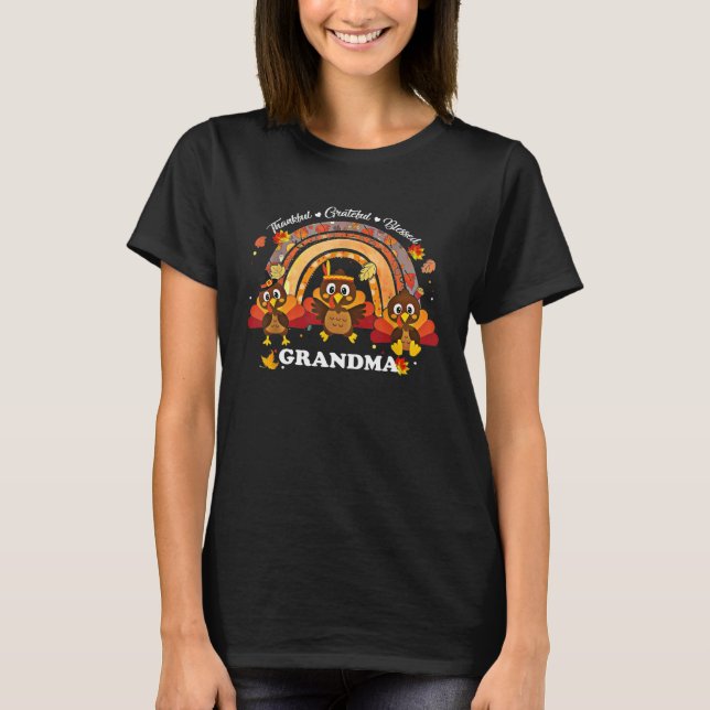Camiseta Grandma Turkey Rainbow Sunflower Thankful Grateful (Frente)