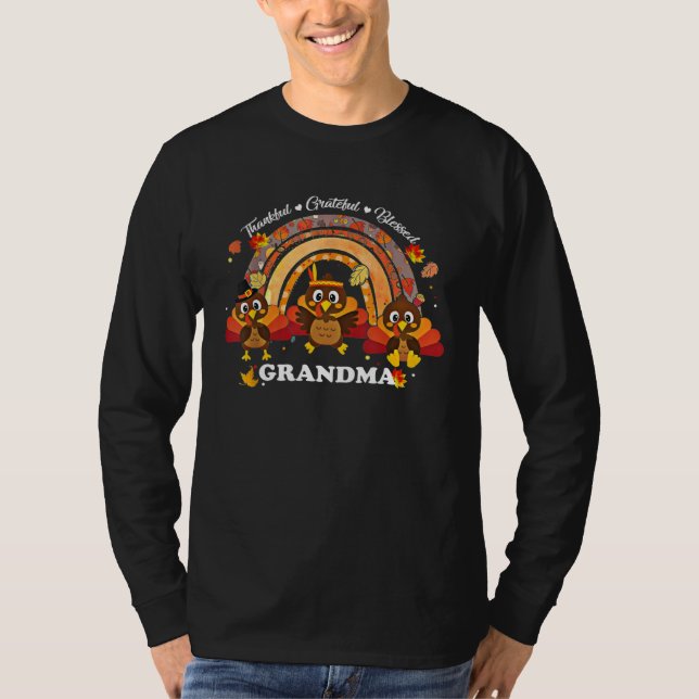 Camiseta Grandma Turkey Rainbow Sunflower Thankful Grateful (Frente)