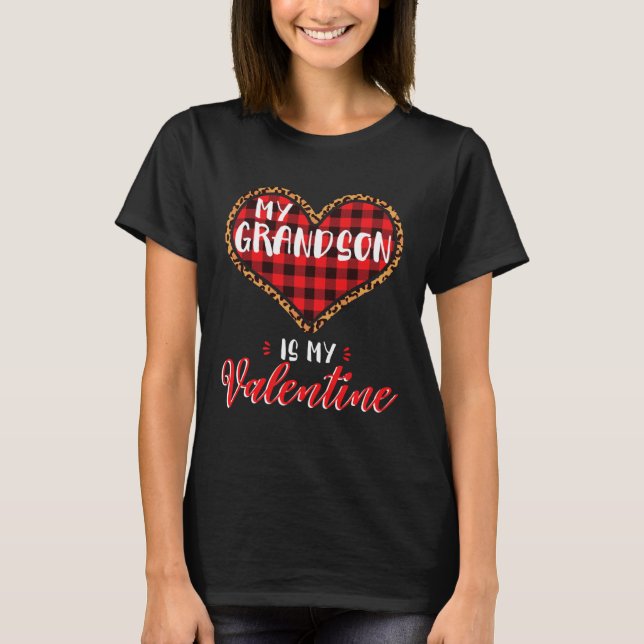 Camiseta Grandson is My Valentine Leopard Buffalo Plaid Hea (Frente)
