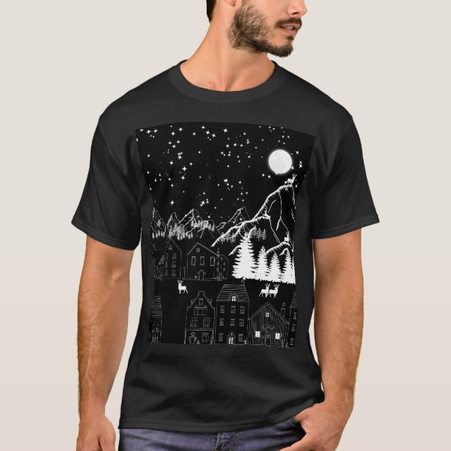 Camiseta Graphic Black White Deertown Starry, noite ilumina (Frente)