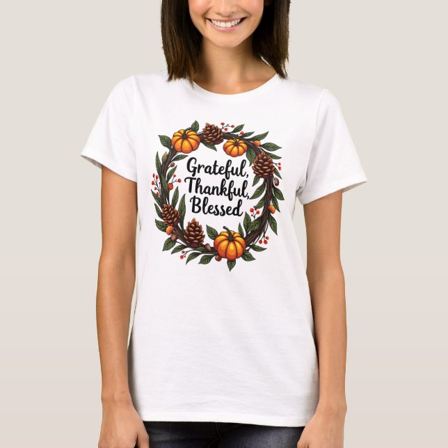 Camiseta Grata, Agradecida, Abençoada - Fall Pumpkin Wreath (Frente)