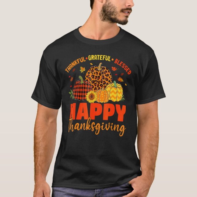 Camiseta Grateful Thankful Blessed Plaid Leopard Pumpkin Th (Frente)