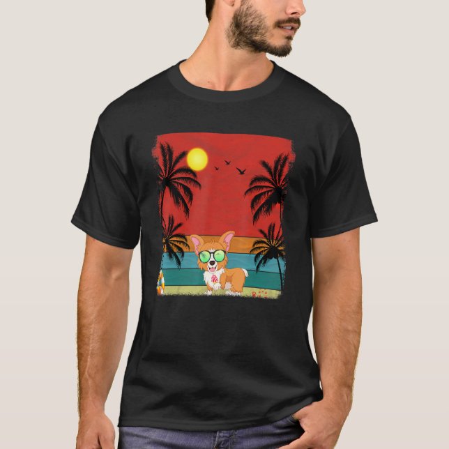 Camiseta Grático Retro de Verão de Corgi com Coqueiro de Pr (Frente)