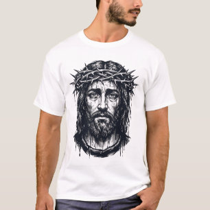 Camiseta Gravação Antiga Coroa de Espinhos Retrato Sagrado