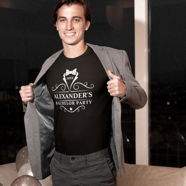 Camiseta Gravata smoking preta para despedida de solteiro  (Customize to change text size. Choose from a variety of shirt colors and styles.)