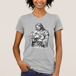Camiseta Grave Desenho a Talho Pastor Segurando Cordeiro Ve
