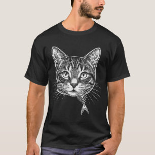 Camiseta Graveção Antiga Cabeça de Gato com Esqueleto de Es