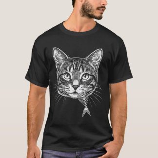 Camiseta Graveção Antiga Cabeça de Gato com Esqueleto de Es
