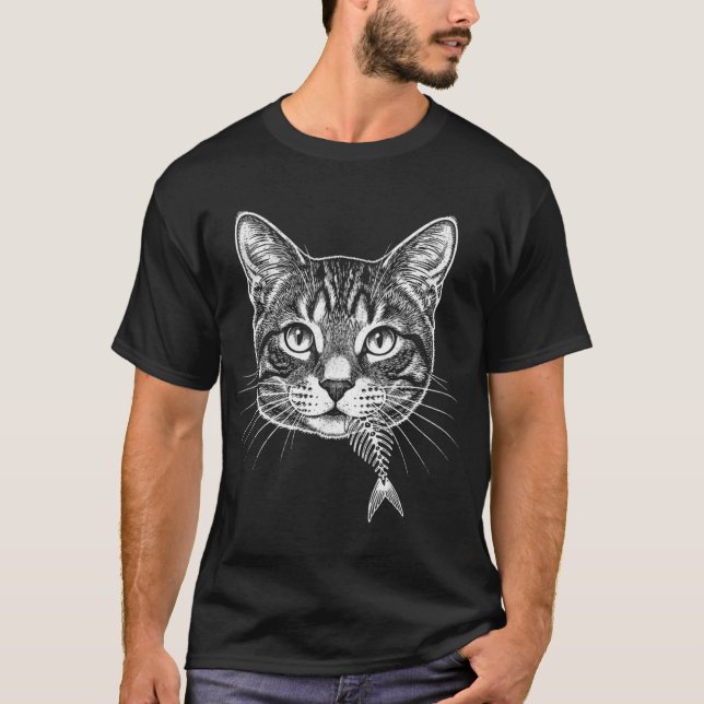 Camiseta Graveção Antiga Cabeça de Gato com Esqueleto de Es (Frente)