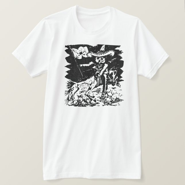 Camiseta Graveura Vintage Cavaleiro Esquelético Arte Folcló (Frente do Design)
