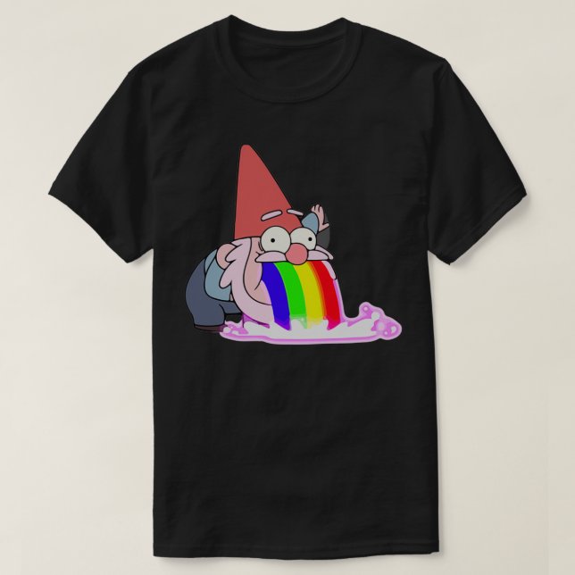 Camiseta Gravidade cai vomitando gnomos do arco-íris Shmebu (Frente do Design)