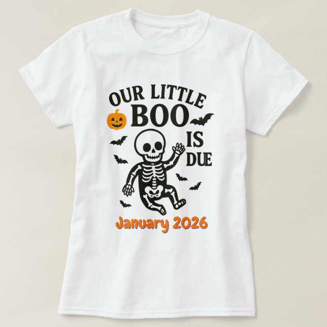 Camiseta Gravidez Halloween Anúncio de bebê Boo Está Vindo (Frente do Design)