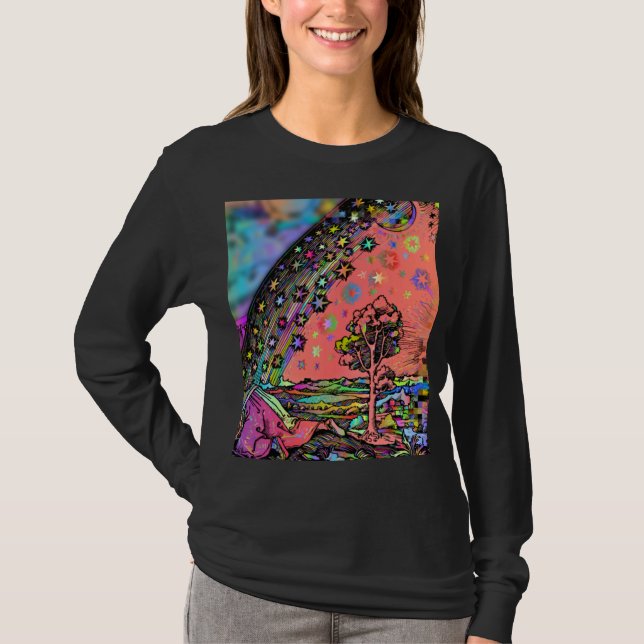 Camiseta Gravura Psicotrópica de Flammarion Arco-íris Tripi (Frente)
