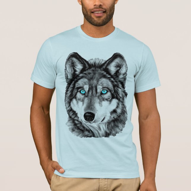 Camiseta Grayscale de olhos azuis lobo pintado (Frente)