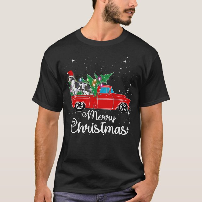 Camiseta Great Dane Dog Red Truck Christmas Tree Lights Mer (Frente)