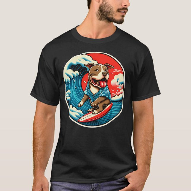Camiseta Great Wave Kanagawa Pit Bull dog Surfing (Frente)
