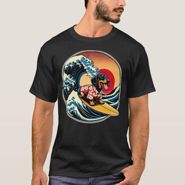 Camiseta Great Wave Kanagawa Weiner Dachshund Dog Surfing (Frente)